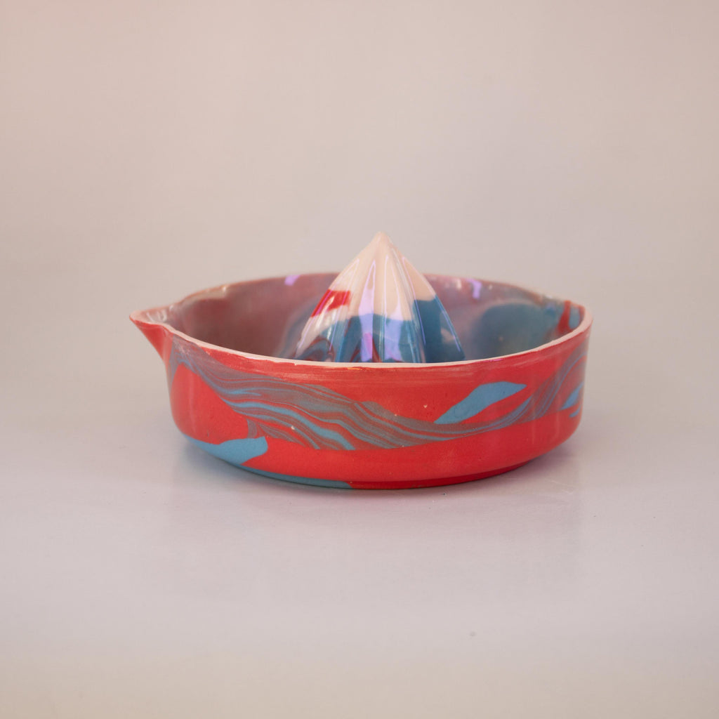 Red and blue porcelain lemon squeezer, handmade citrus juicer