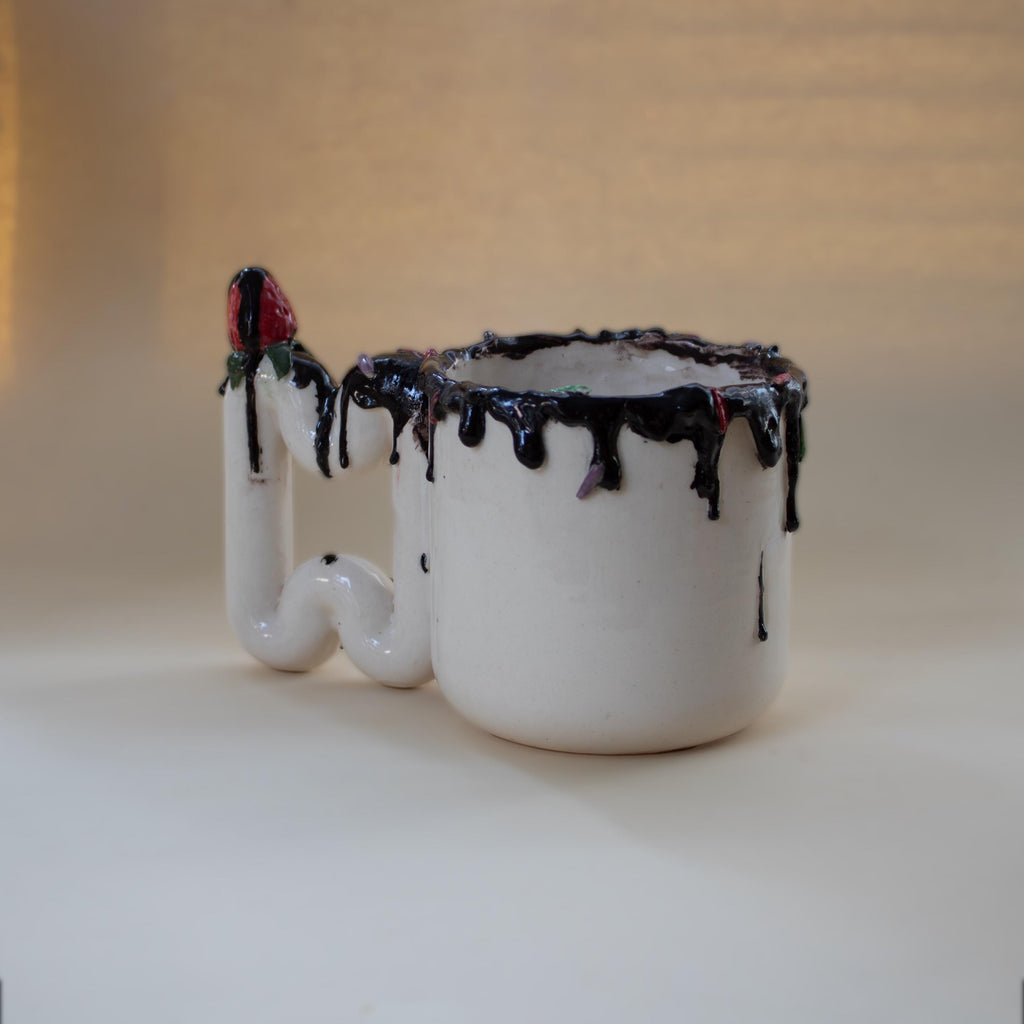Handmade Chocolate Drip Mug: Funky Strawberry Handle Porcelain Cup