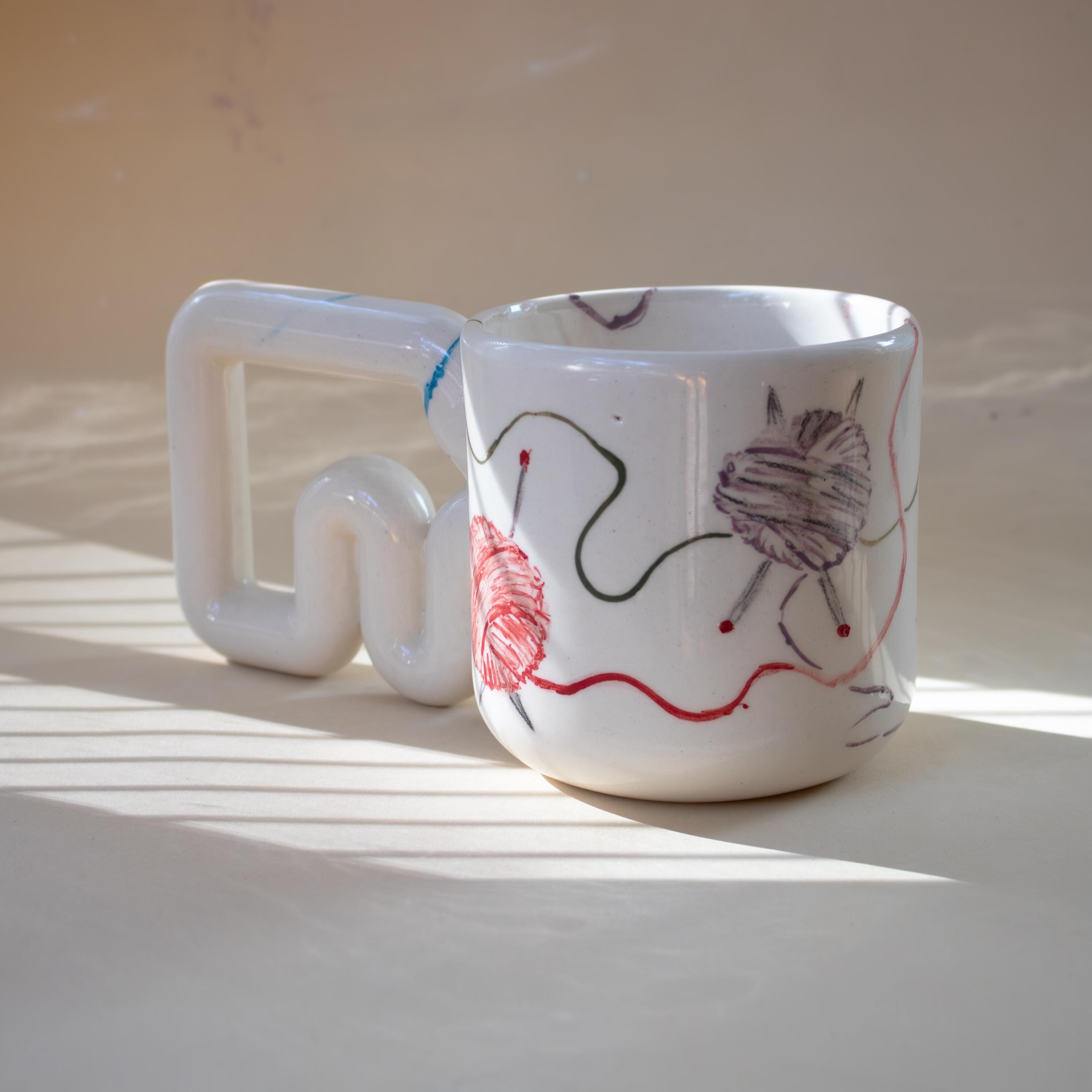 Colorful yarn pattern porcelain mug with funky handle: Handmade Knitting cup