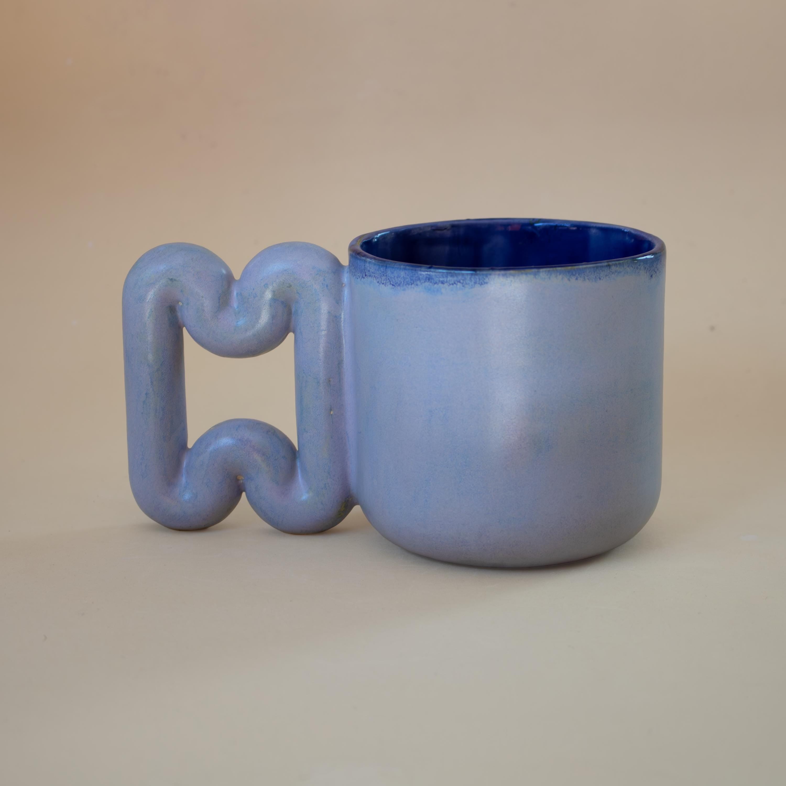 Handmade Light Blue Porcelain Mug: Funky Handle, Modern ceramic Coffee Cup