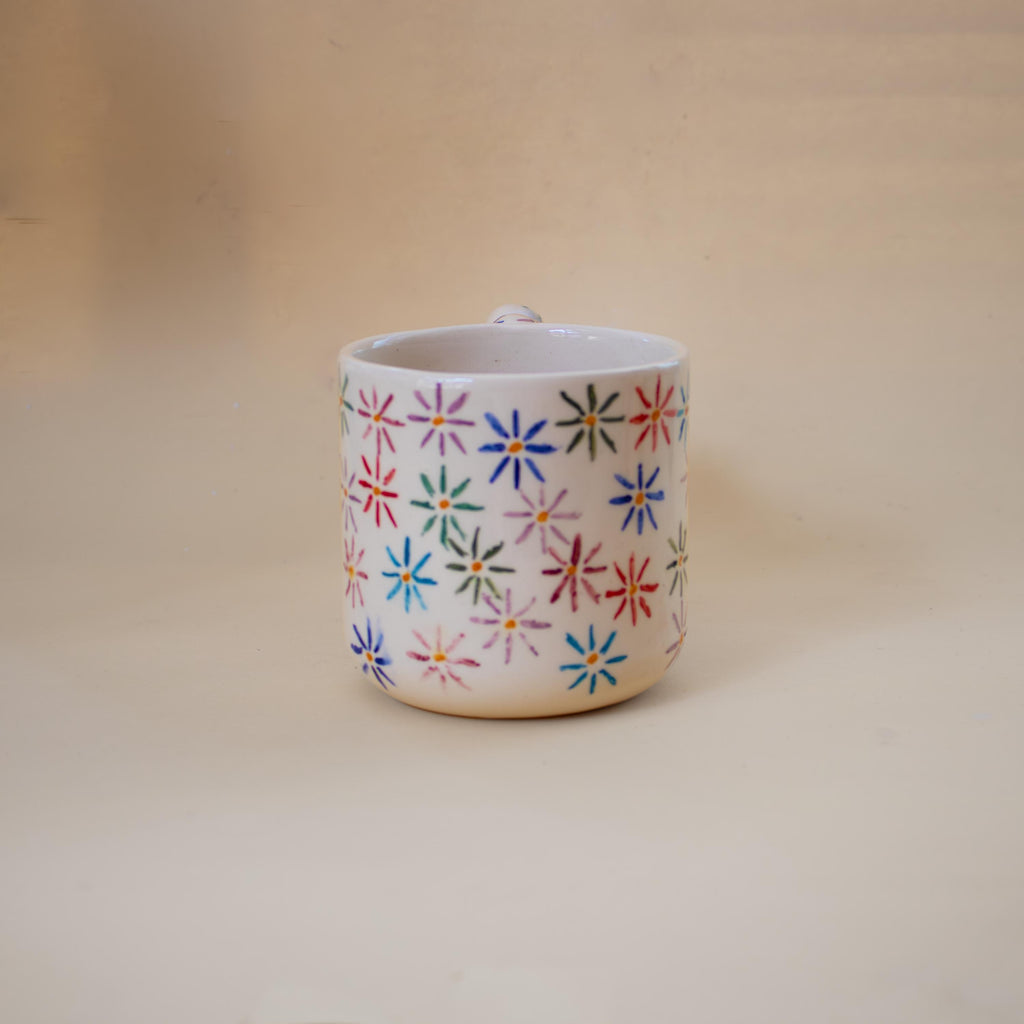 Handmade Ceramic Mug: Floral Blossom Design, Wavy Handle porcelain cup