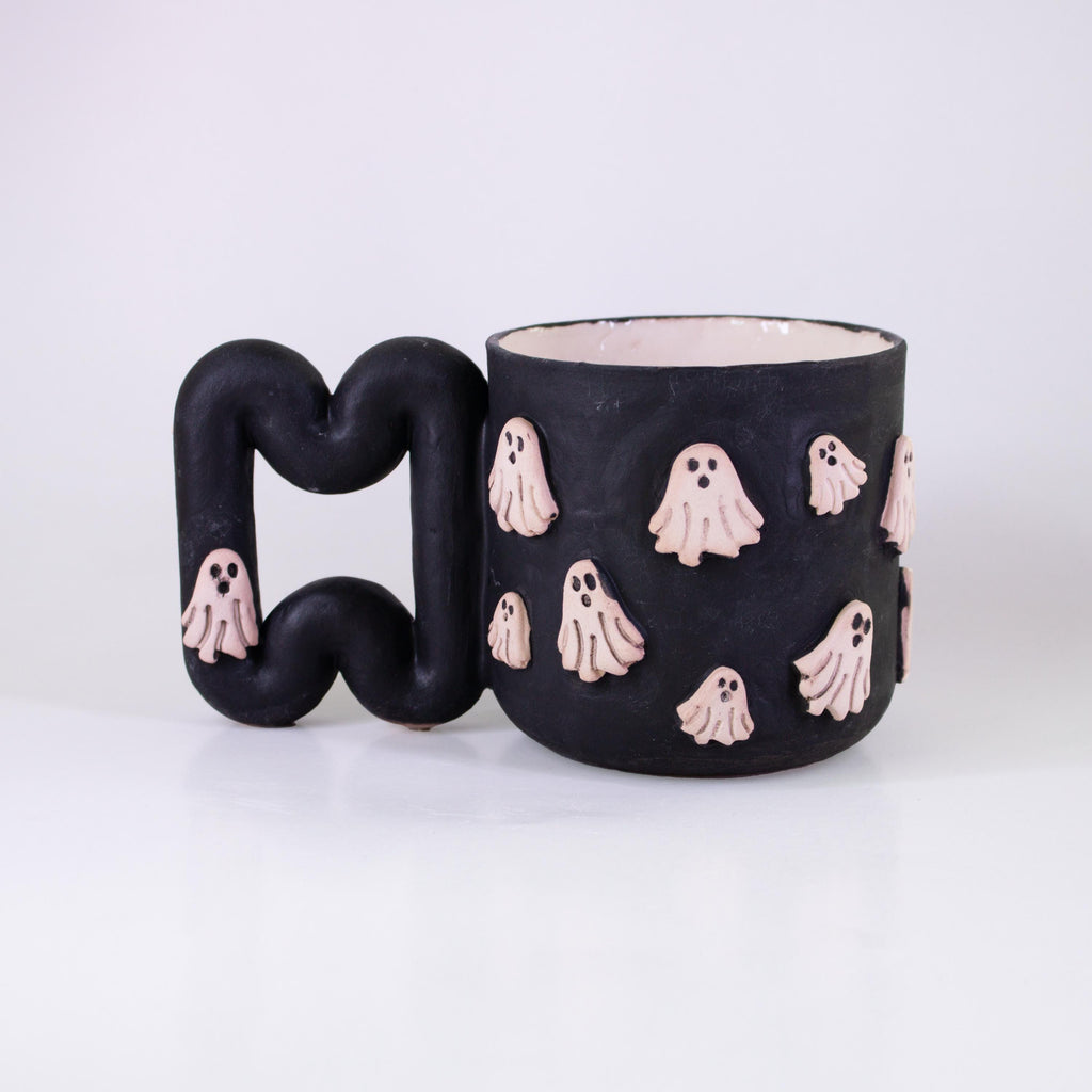 Handmade Porcelain Ghost Mug: Spooky Black Coffee Cup with Funky Handle