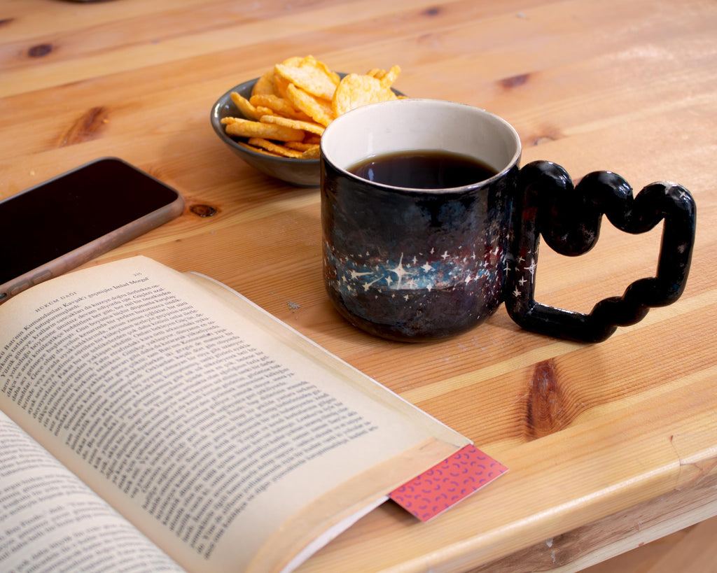 Handmade Celestial Porcelain Mug: Galaxy Design, Funky Handle