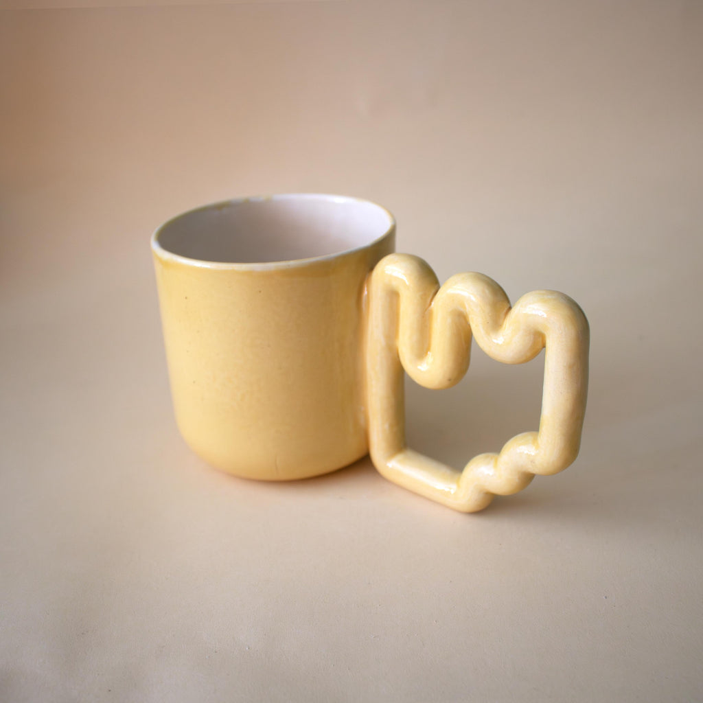 Yellow ceramic mug with funky handle, unique handmade cup, modern gift for coffee lovers