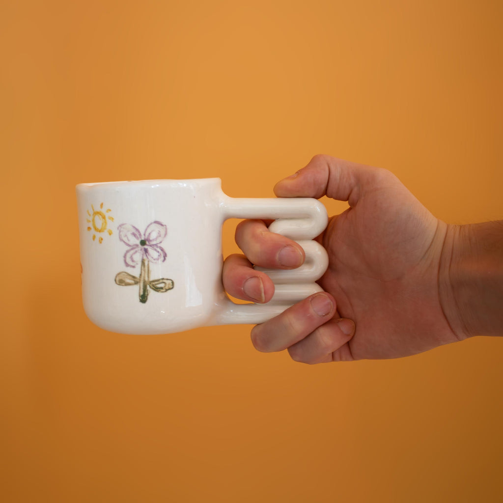 Hand Painted Porcelain Balloon Mug: Unique Coffee Cup with Funky Handle