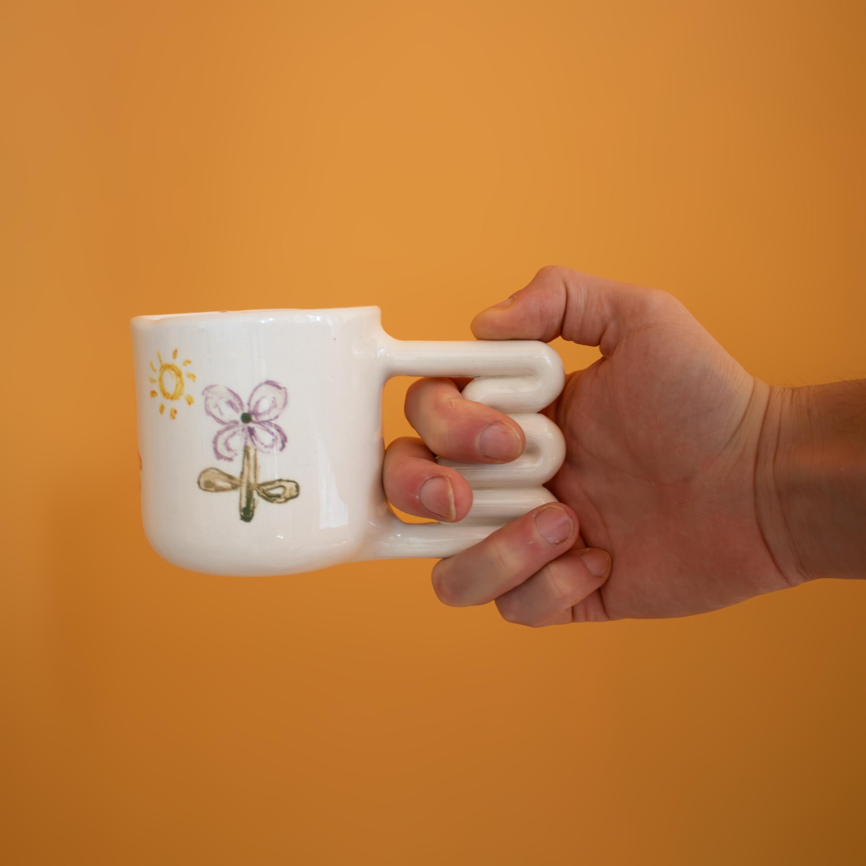 Hand Painted Porcelain Balloon Mug: Unique Coffee Cup with Funky Handle