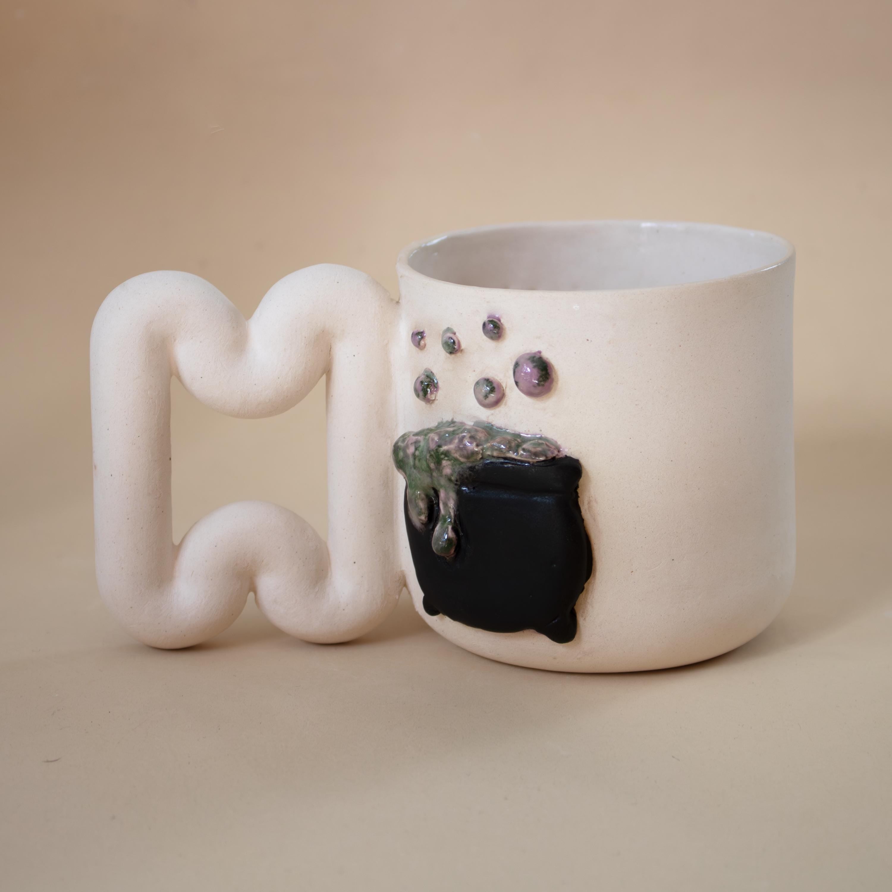 Spooky witch mug with funky handle: handmade porcelain Halloween cup