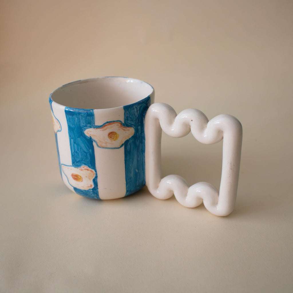 Hand Painted Porcelain Mug: Egg & Blue Stripes, Funky Handle