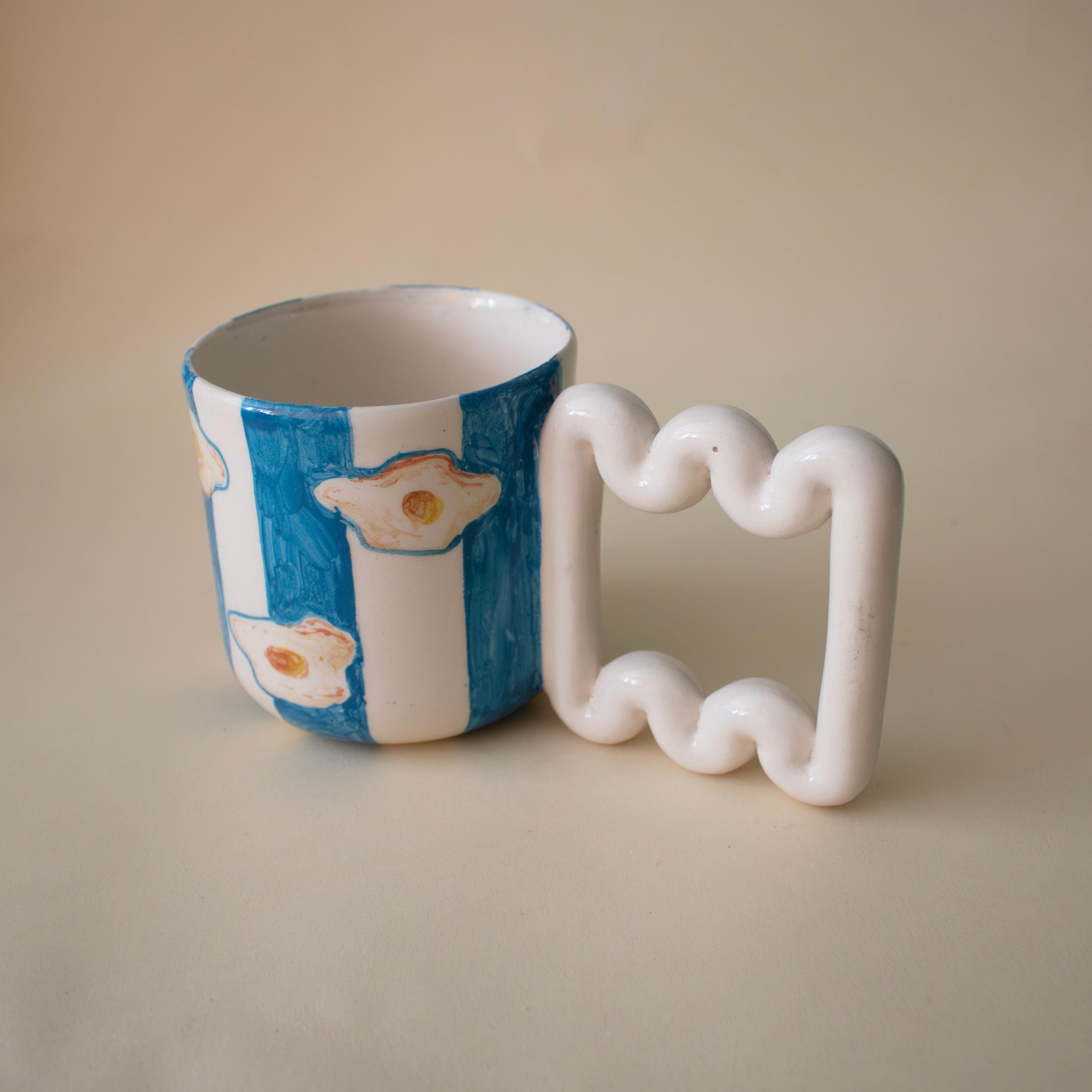 Hand Painted Porcelain Mug: Egg & Blue Stripes, Funky Handle