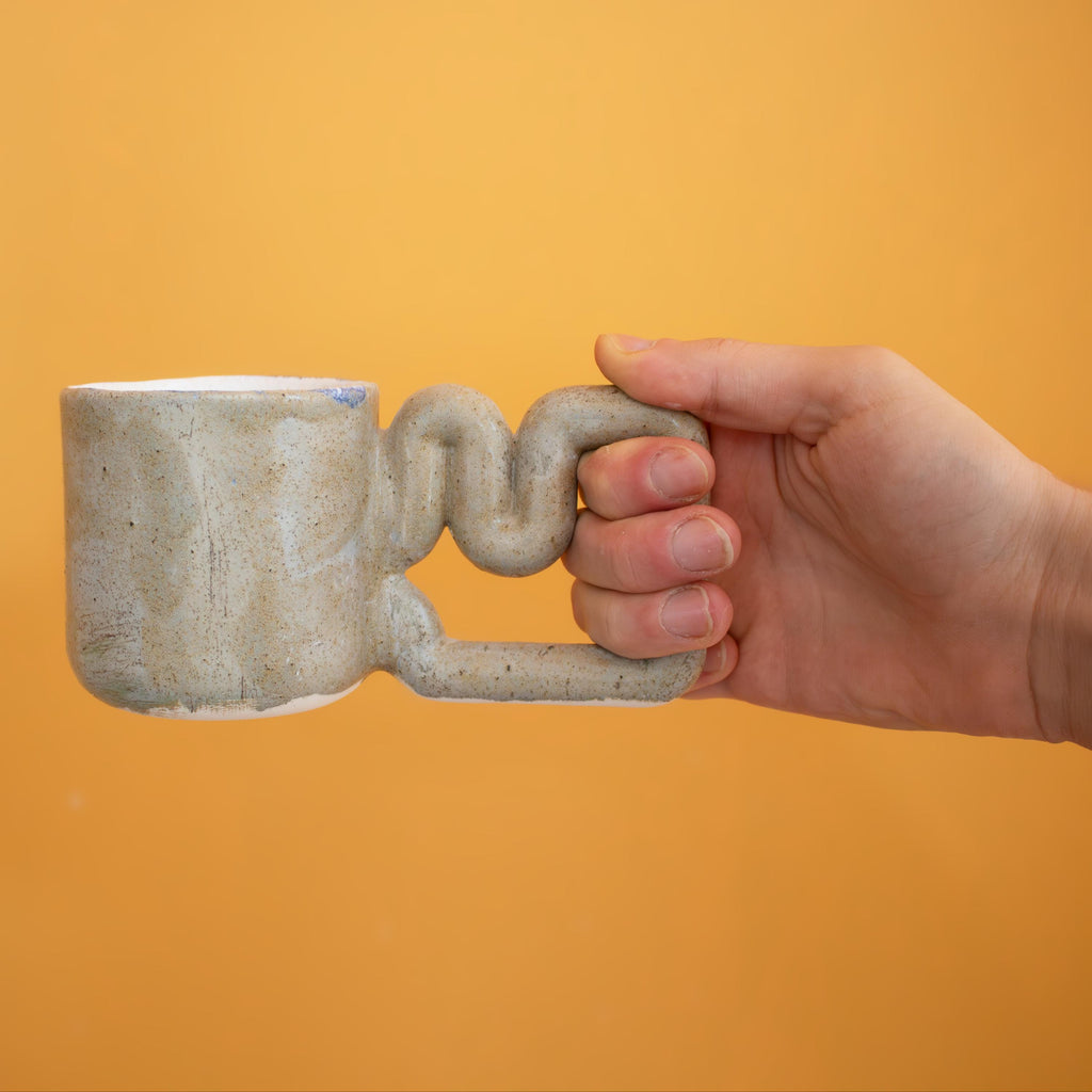 Natural stone inspired mug with funky handle, minimalist handmade porcelain cup, unique coffee gift