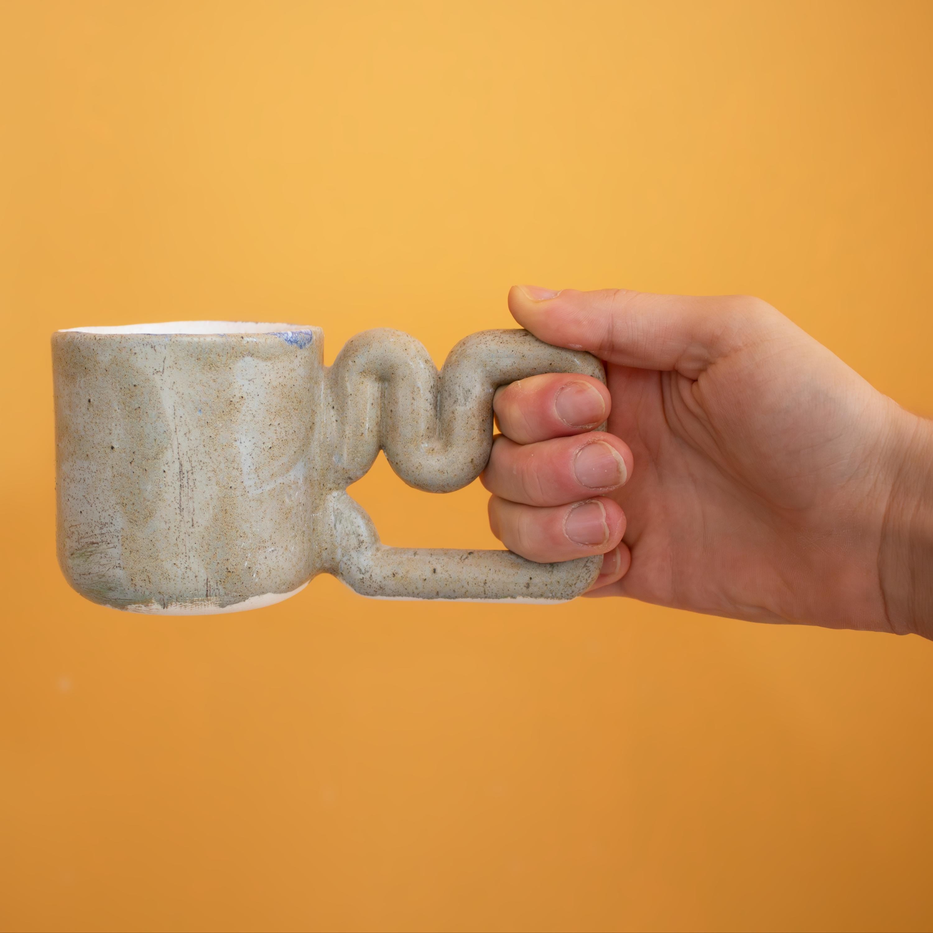 Natural stone inspired mug with funky handle, minimalist handmade porcelain cup, unique coffee gift