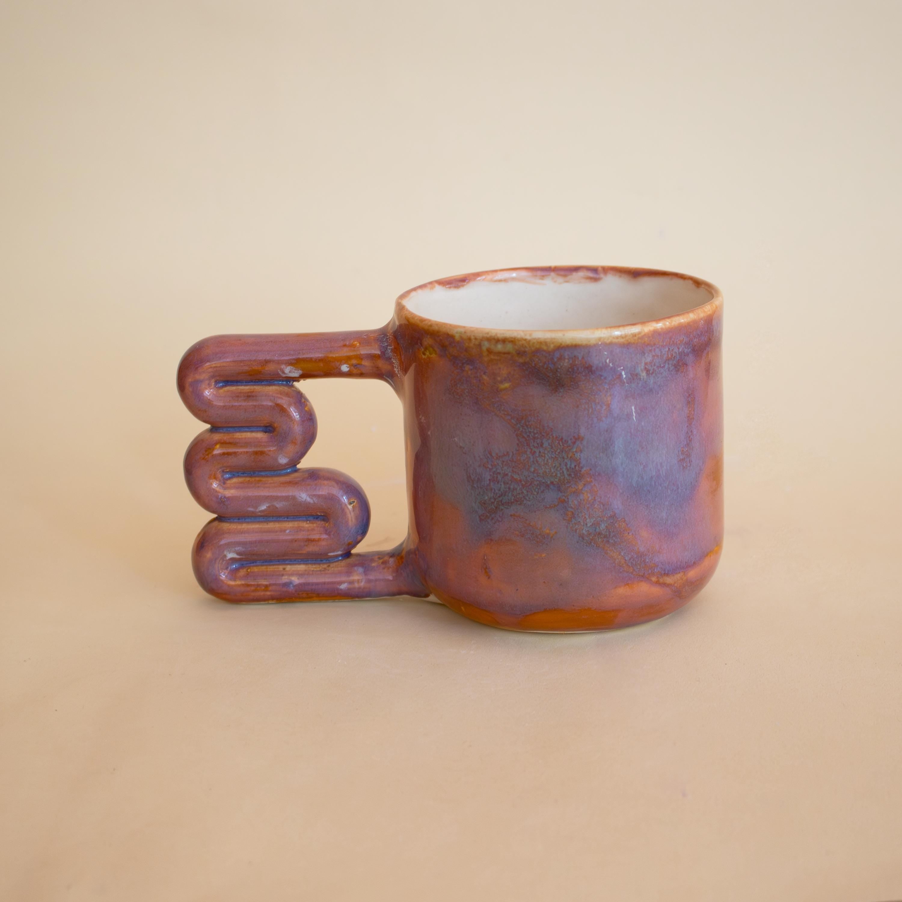 Handmade Porcelain Coffee Mug: Unique Wavy Handle, Art Lover Gift