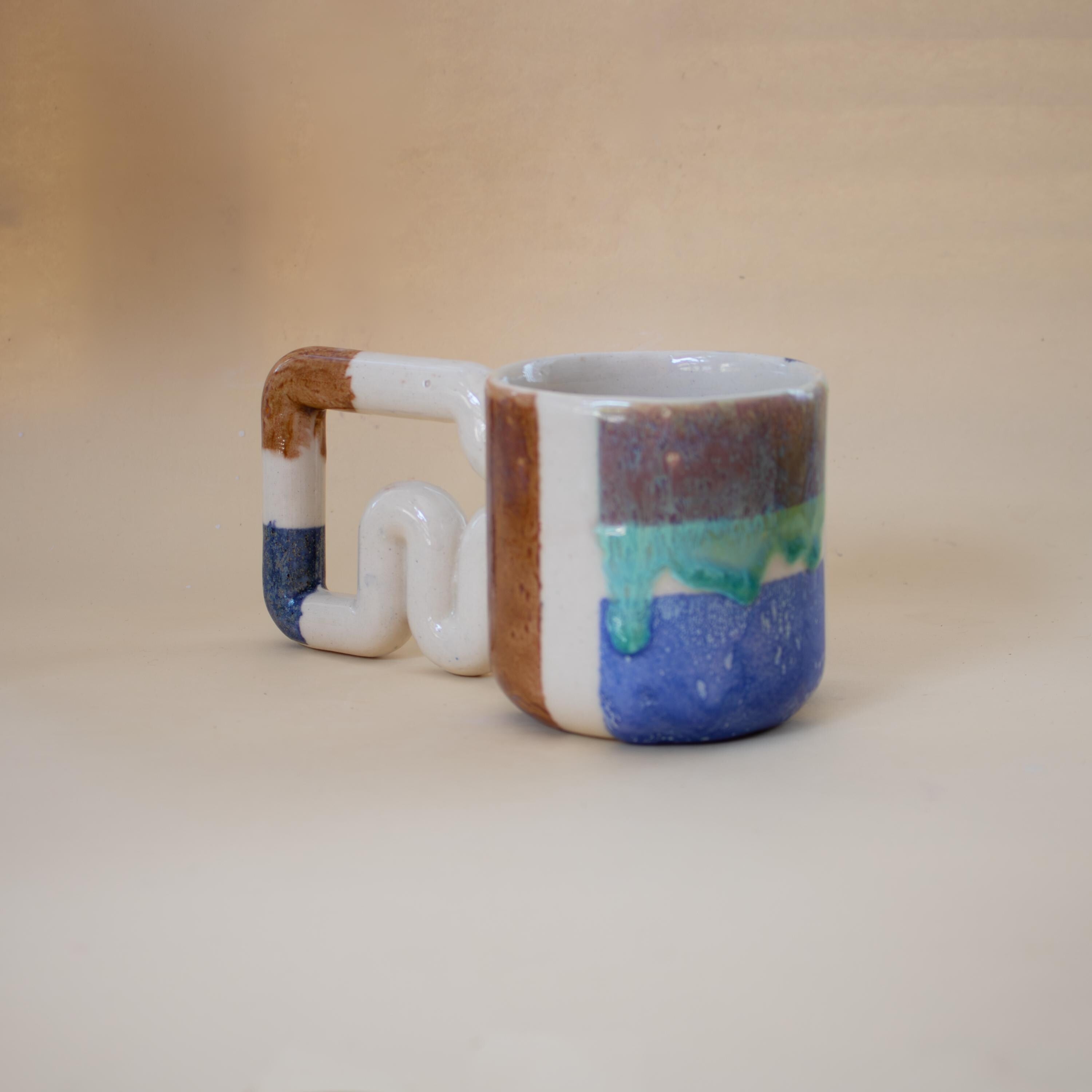 Handmade Porcelain Coffee Mug: Colourful Geometric Design, Wavy Handle