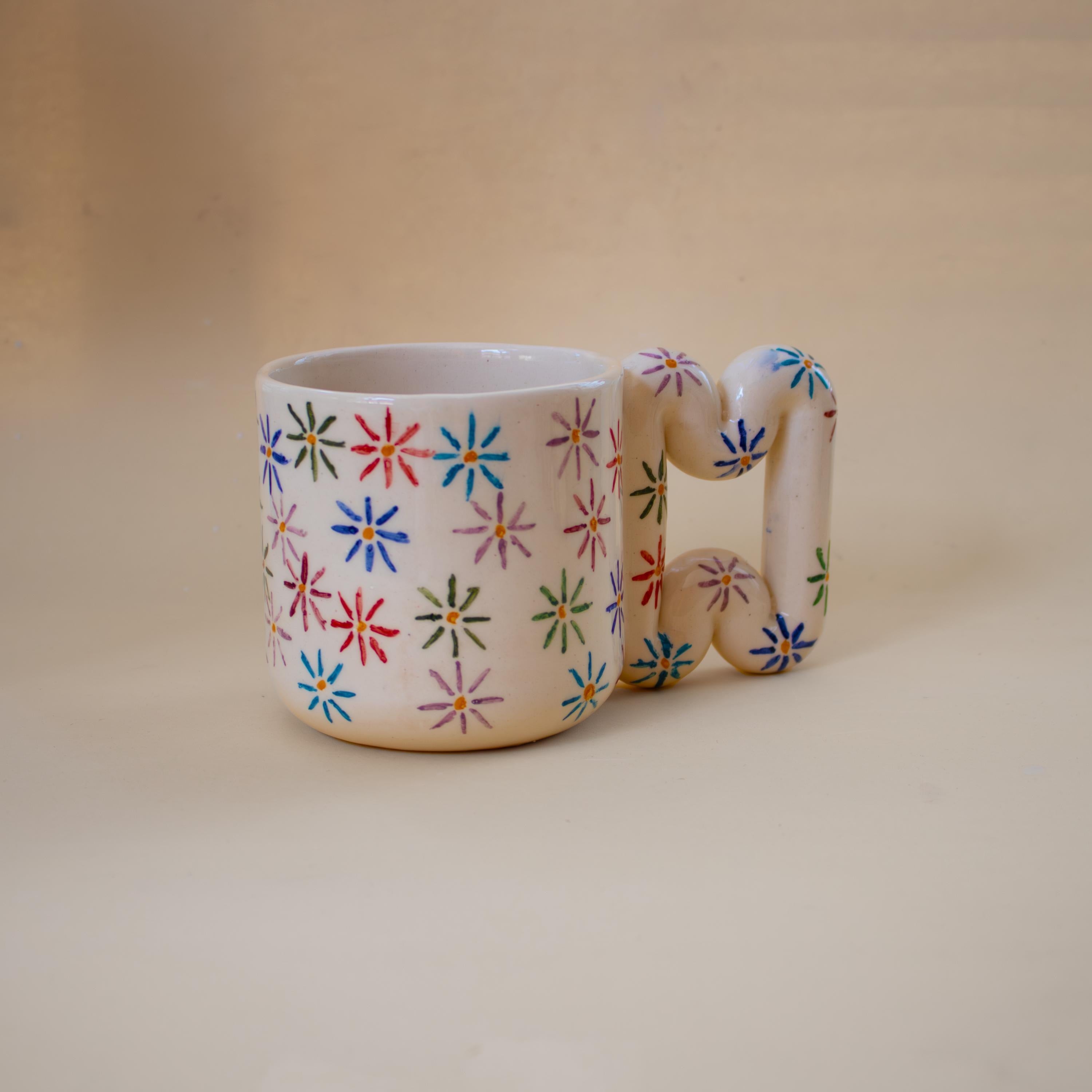 Handmade Ceramic Mug: Floral Blossom Design, Wavy Handle porcelain cup