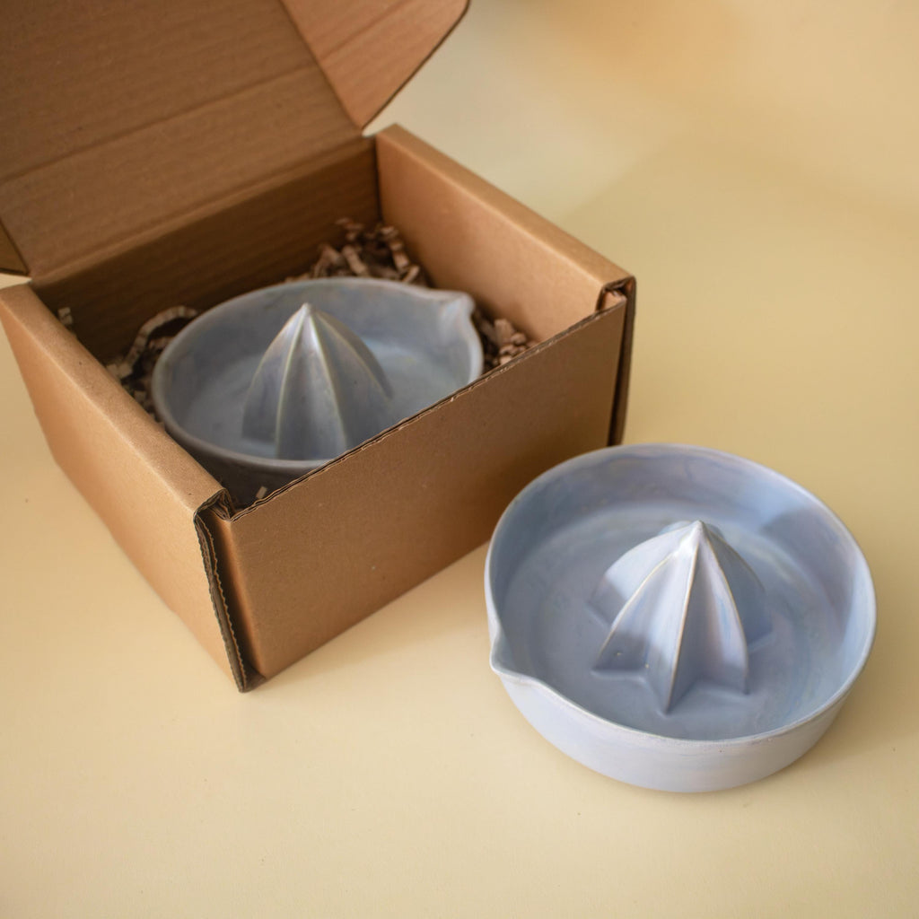 Handmade light blue Ceramic Lemon Squeezer, Artisan Pottery Citrus Juicer