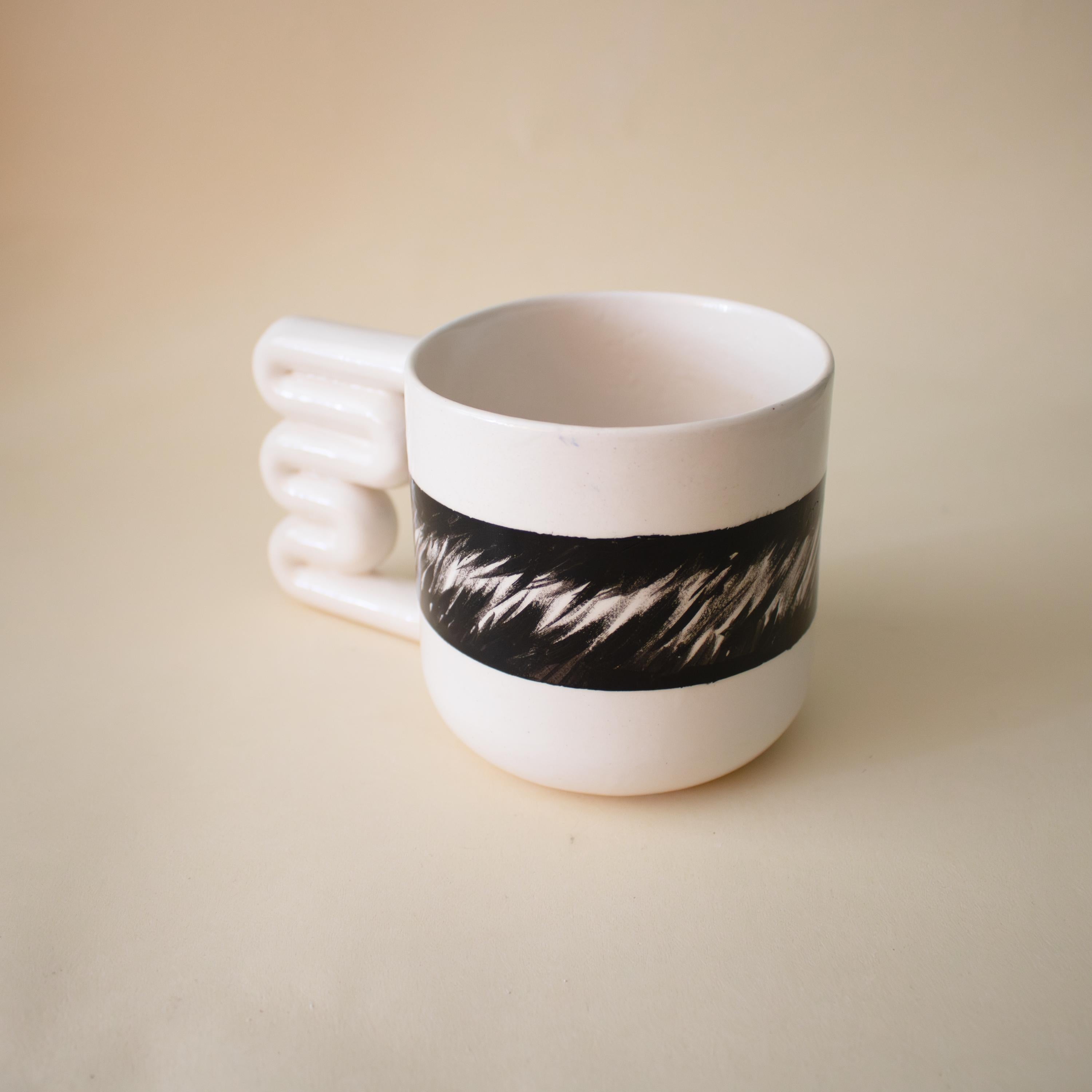 Black and white porcelain mug with funky handle Handmade Ceramic Cup