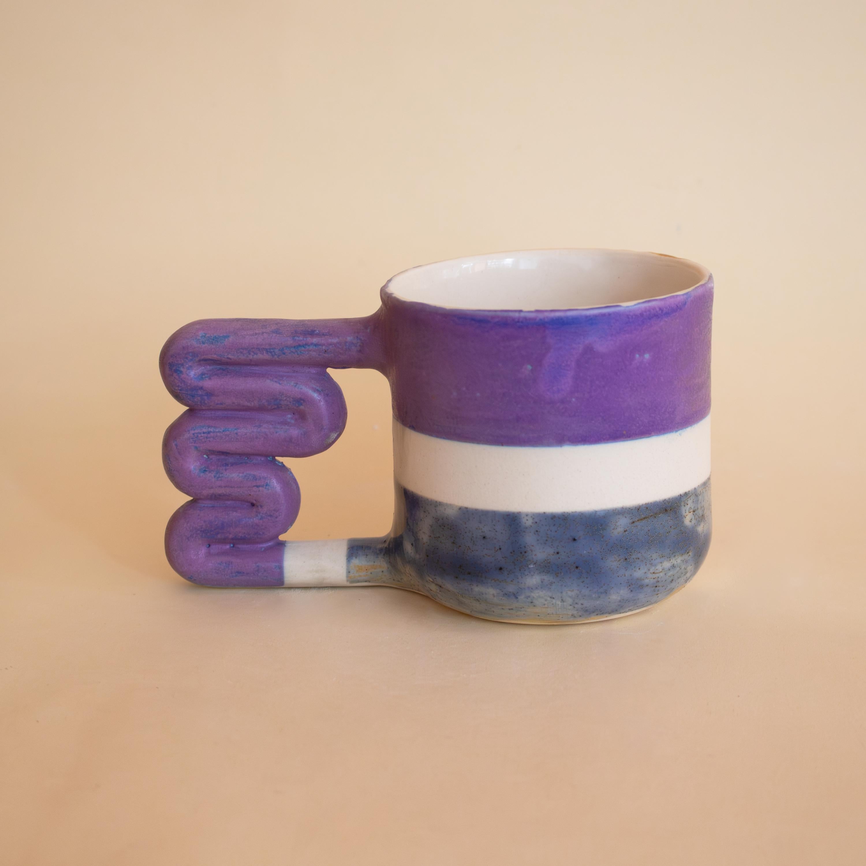 Handmade geometric ceramic mug with funky handle, colorful porcelain cup, artistic coffee lover gift