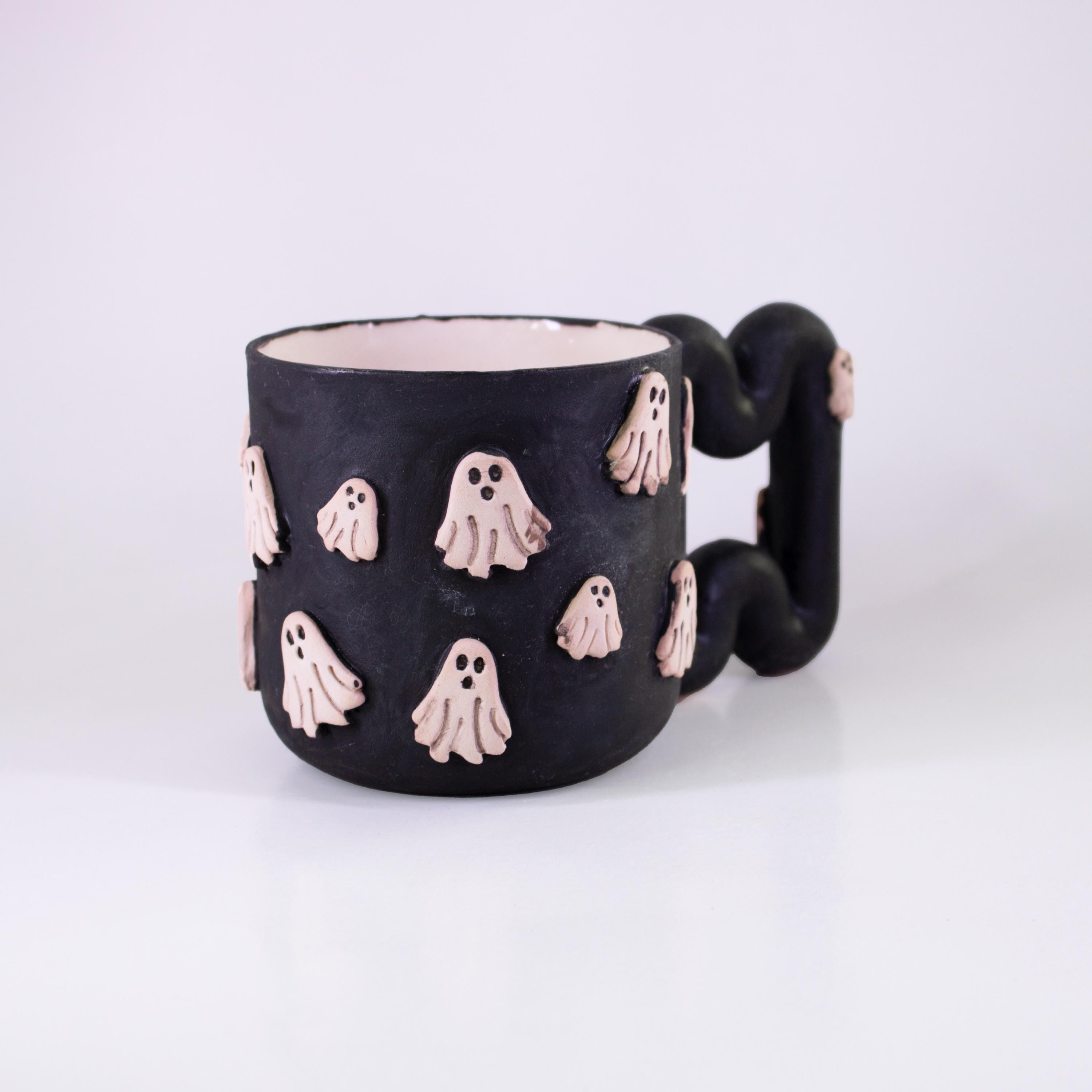 Handmade Porcelain Ghost Mug: Spooky Black Coffee Cup with Funky Handle
