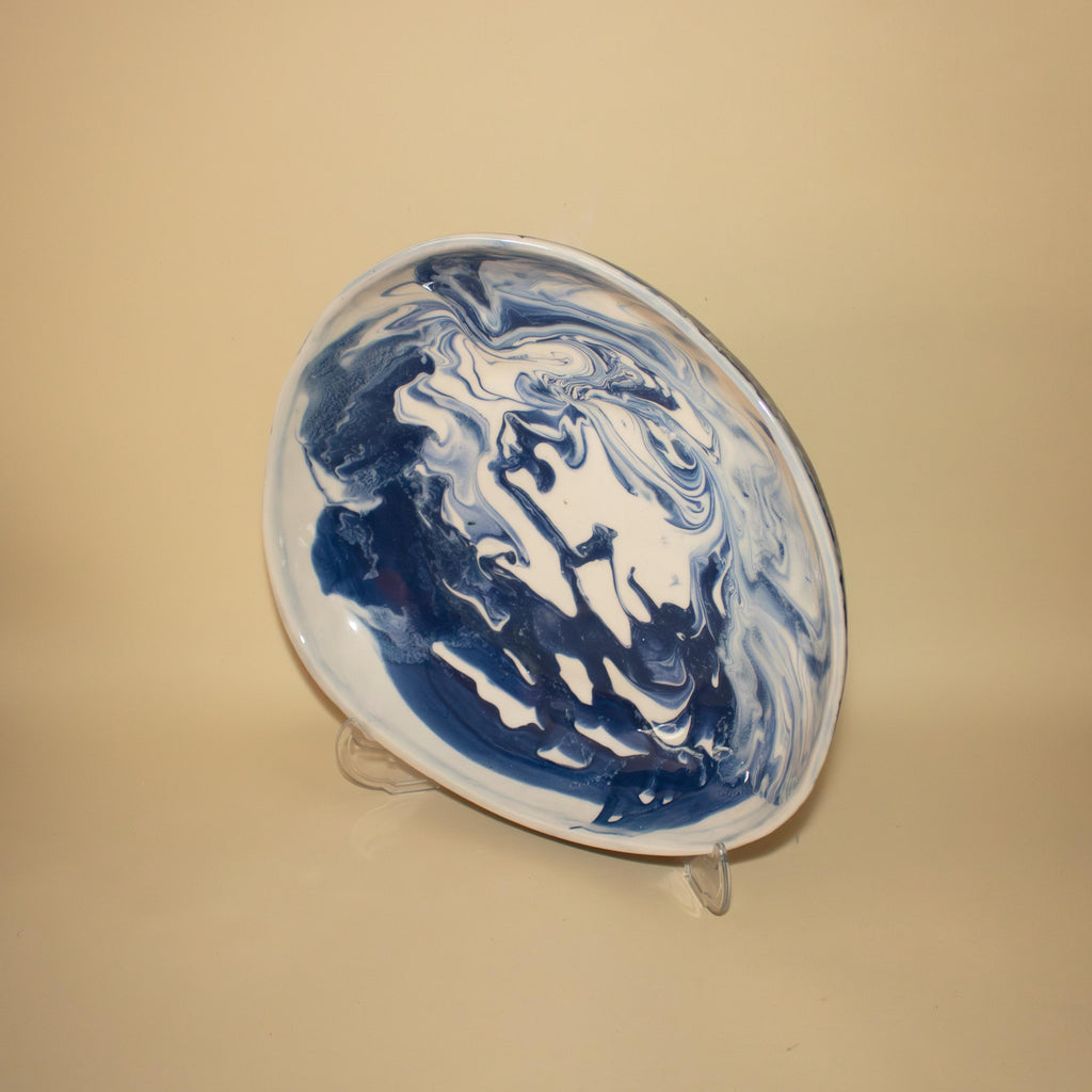 Handmade Marble Porcelain Salad Plate: Blue, Black, and White