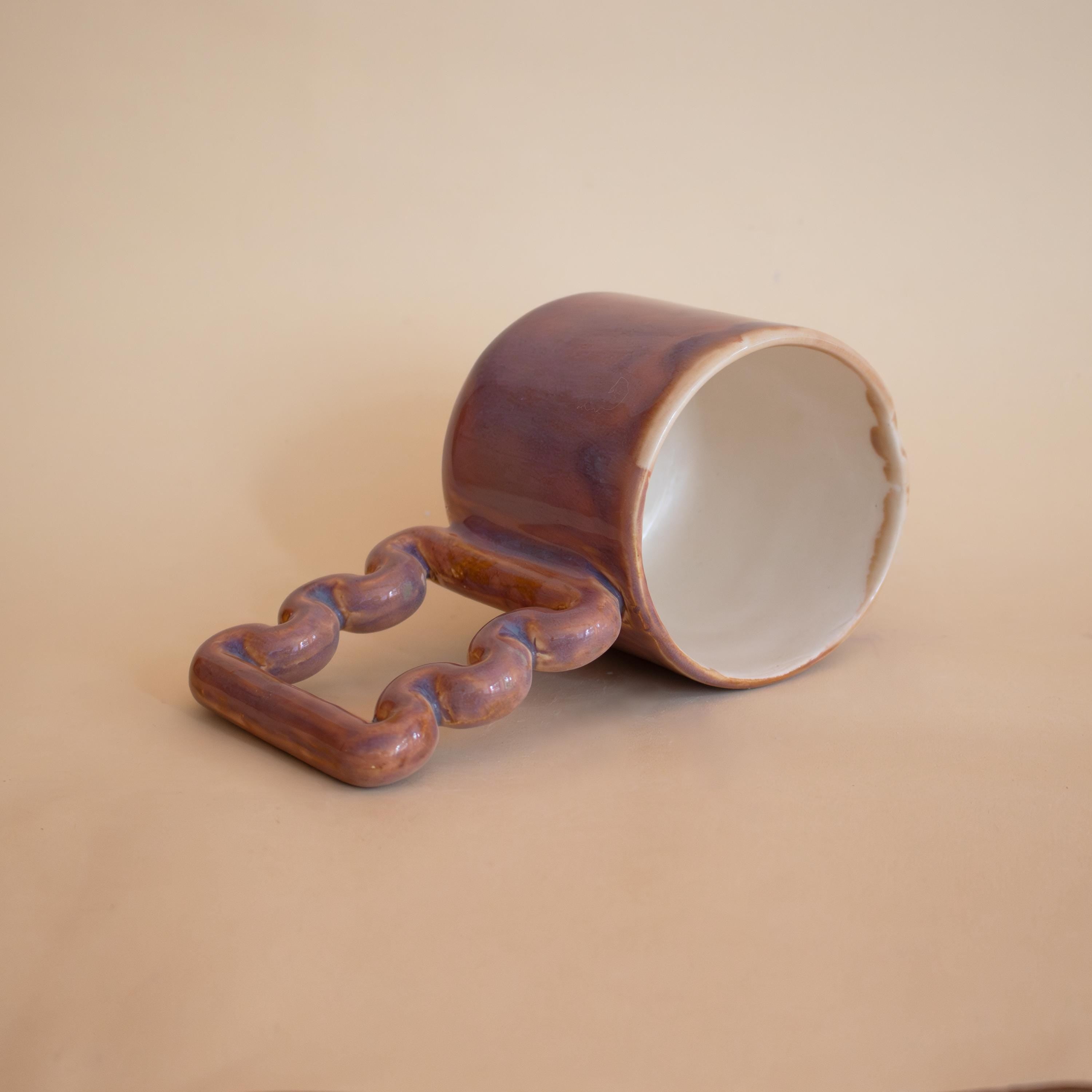 Copper pink ceramic mug with funky handle, sculptural handmade porcelain cup, modern coffee gift