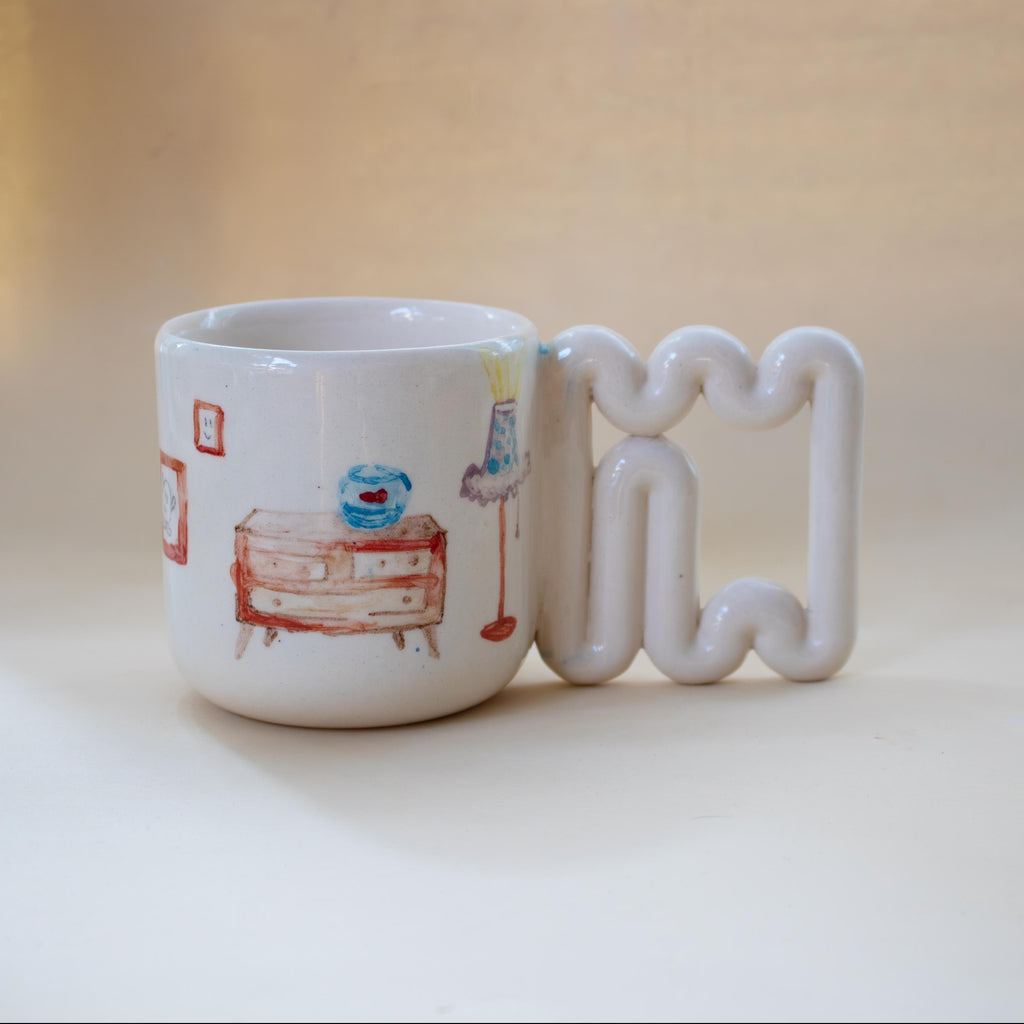 Handmade Porcelain Coffee Mug: Wavy Handle, Artistic Home Decor